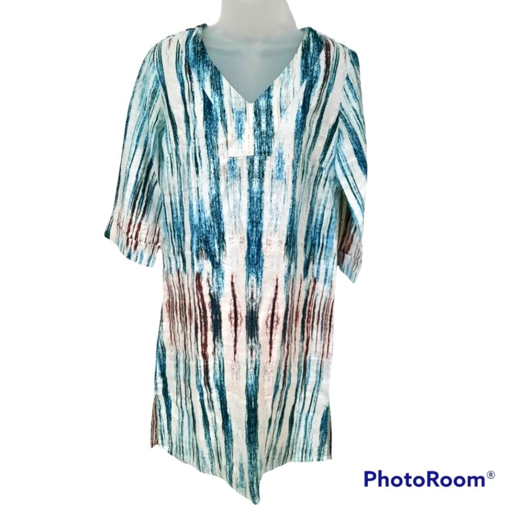 NWT Peck & Peck 100% Linen Kaftan in Teal Falling Leaves Pattern Small